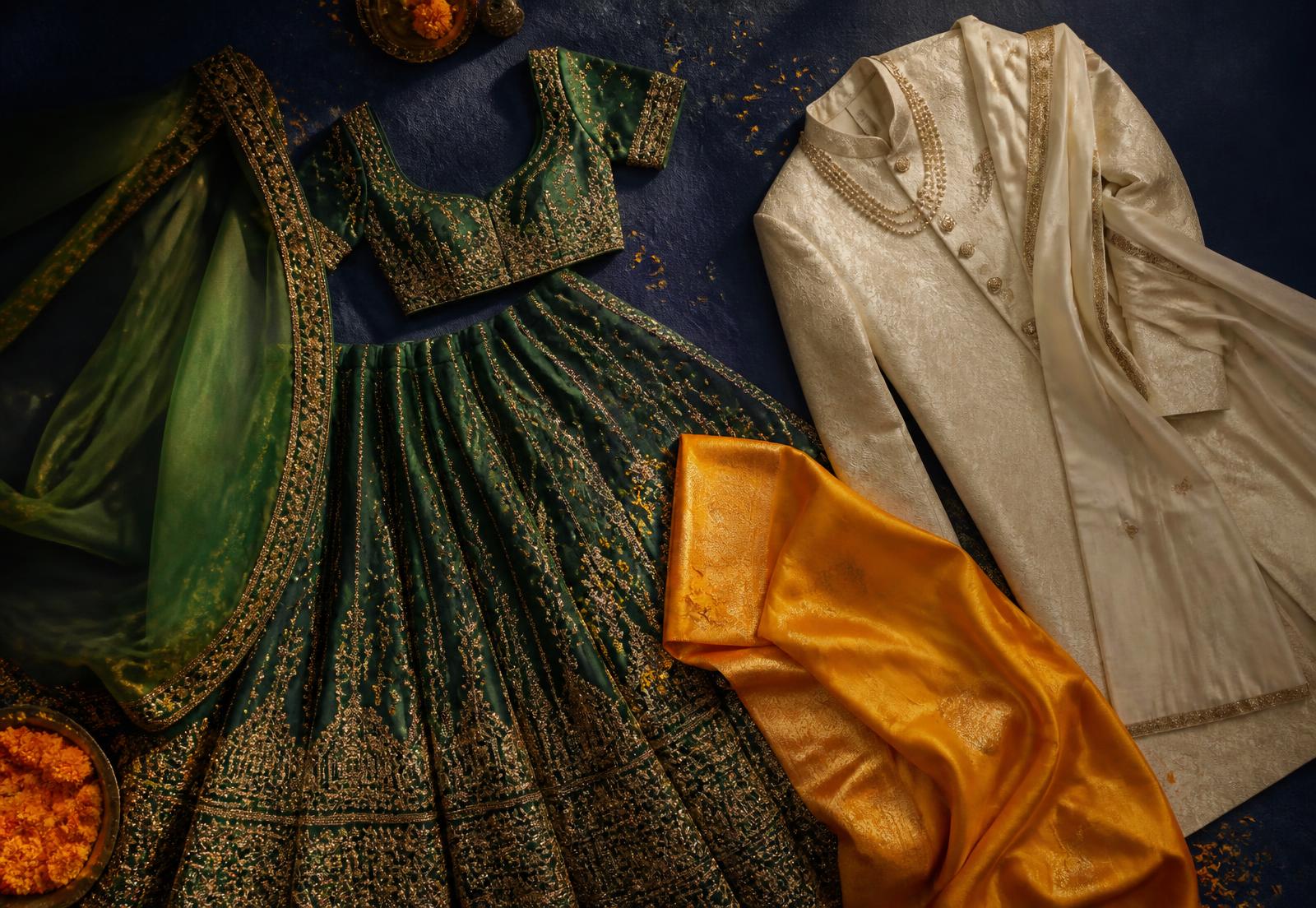 Emerald and gold lehenga, marigold silk saree and ivory sherwani laid out on a midnight blue backdrop